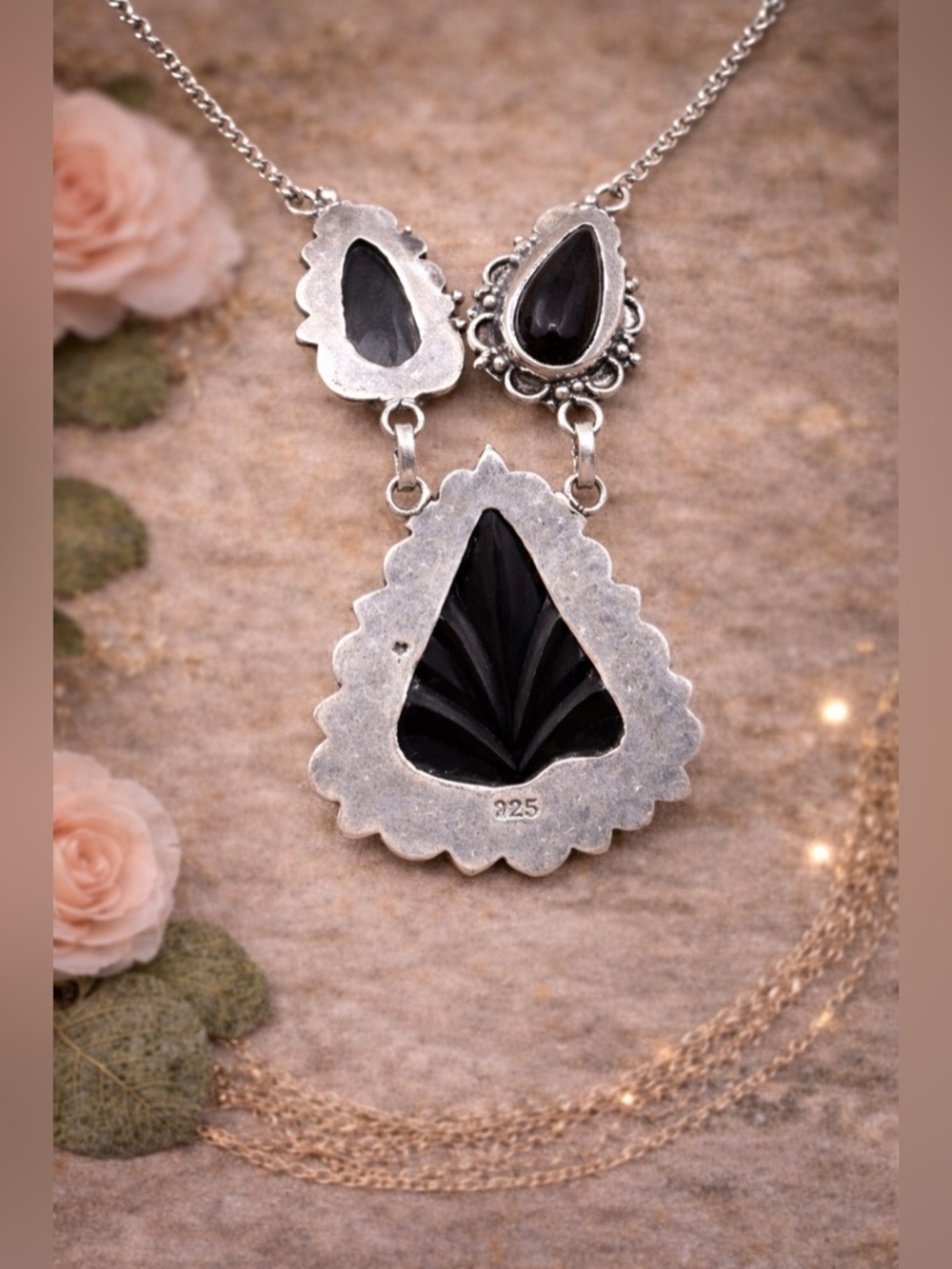 🖤Vintage Carved Black Onyx & Pearl Bold Statement Necklace • Sterling Silver 925 - Picture 6 of 6